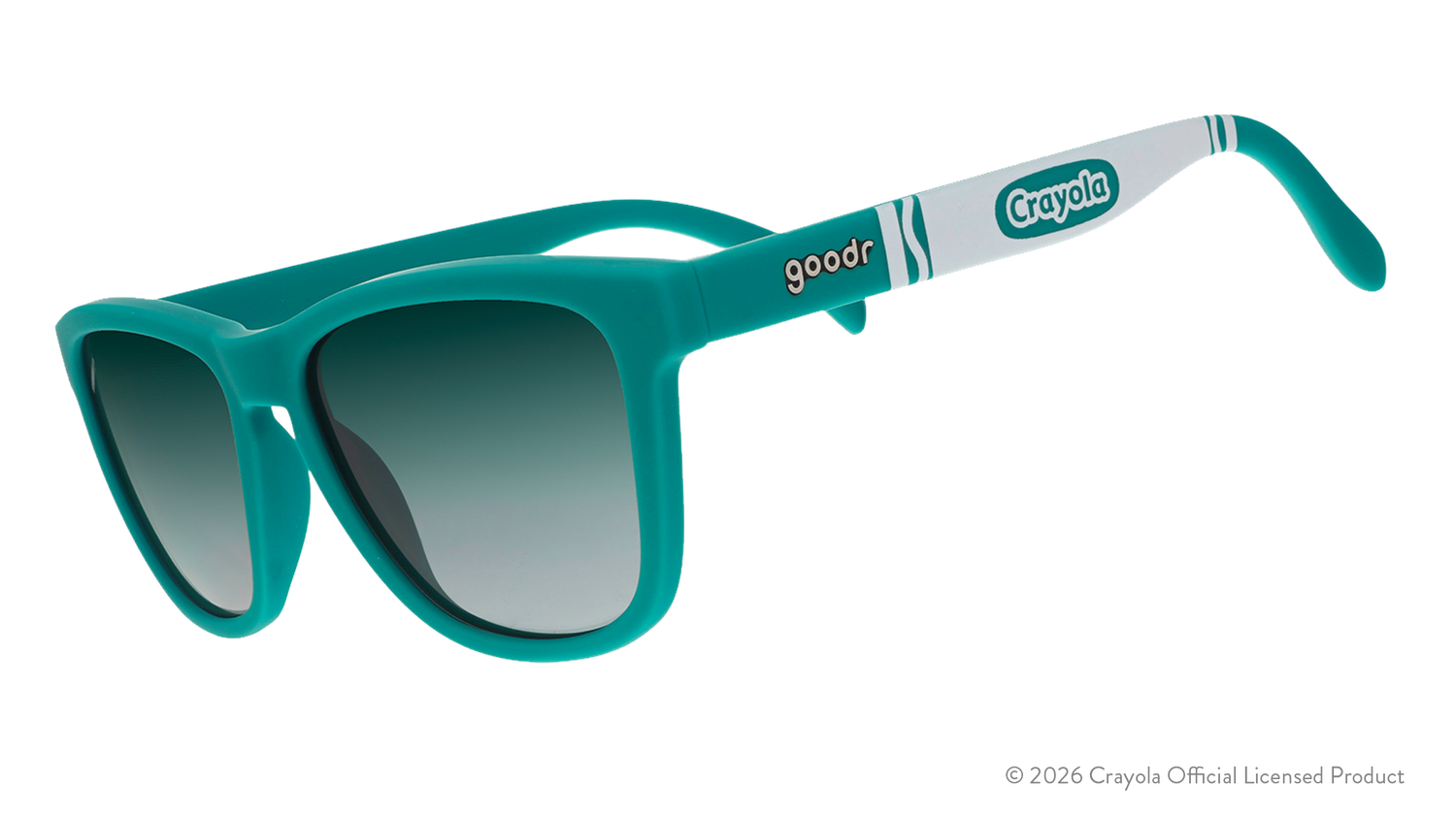 Three-quarter angle view of turquoise sunglasses w/ white Crayola marker pattern + green gradient lenses tilted down.
