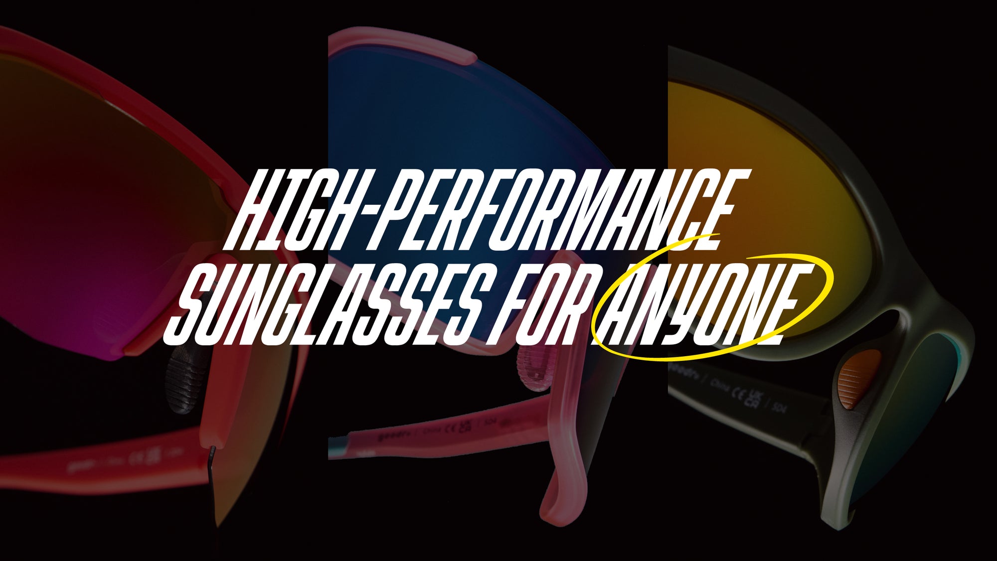 "High Performance Sunglasses for Anyone" written across a background of sunglasses, with the word "anyone" circled