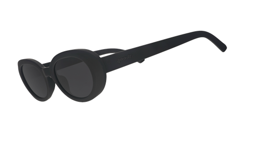Three-quarter angle view of black oval sunglasses with polarized lenses against a white background.