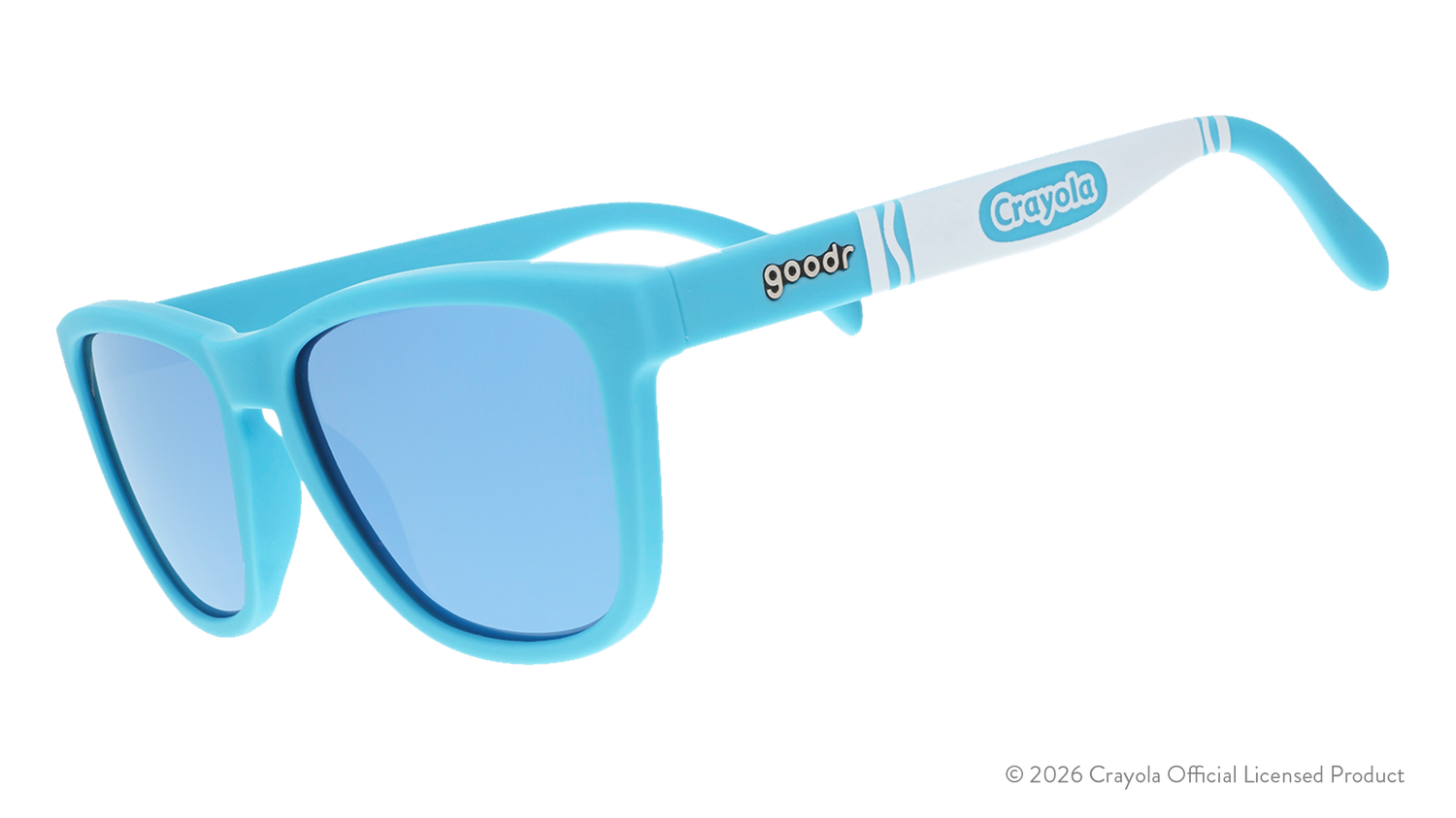 Three-quarter angle view of blue sunglasses w/ white Crayola marker pattern + blue reflective lenses tilted down.