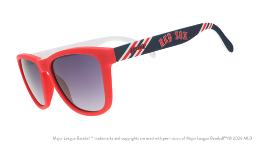 Three-quarter angle view of a pair of red, white, and navy sunnies featuring the Red Sox's team name logo on the arm.