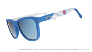 Three-quarter angle view of blue and white Cubs sunglasses featuring the classic Wishbone C logo on the arm.