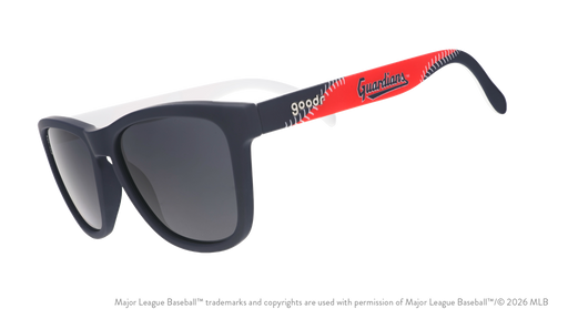 Three-quarter angle view of navy, red, and white shades featuring the Guardians script logo and white baseball stitch design.