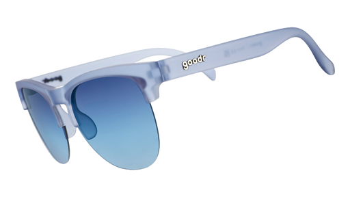 Three-quarter angle view of dusty blue translucent Avant Gs with blue gradient lenses.