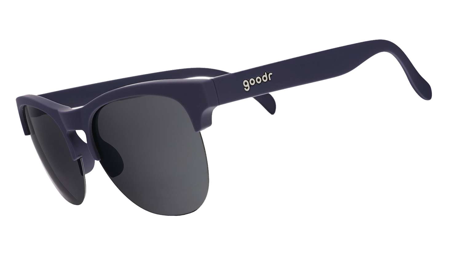 Three-quarter angle view of matte navy half-rim sunglasses with chrome reflective lenses.