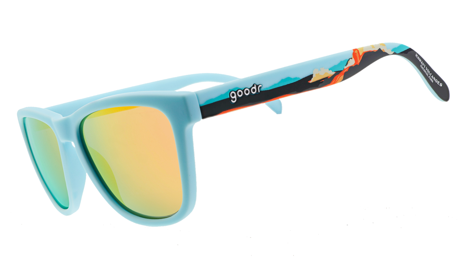 Pair of sunglasses with light blue frames and reflective yellow-orange lenses. The arms feature a vibrant tropical design with illustrations of waves and a sunset gradient.