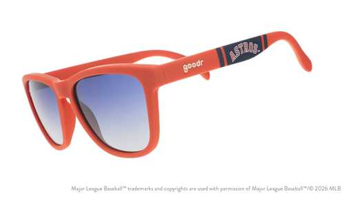 Three-quarter angle view of orange and navy Astros sunglasses featuring an Astros logo on the arm.