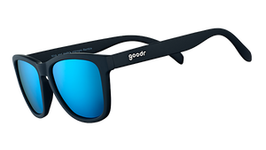 Three-quarter angle view of square-shaped black sunglasses with polarized reflective blue lenses.