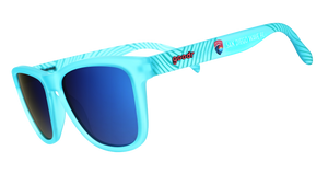 Turquoise sunglasses with blue lenses on a white background