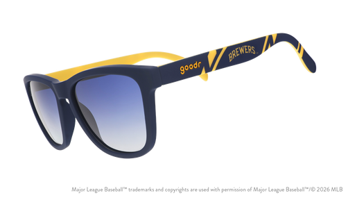Three-quarter angle view of a pair of navy and yellow sunglasses featuring a Milwaukee Brewers logo on the arm. 