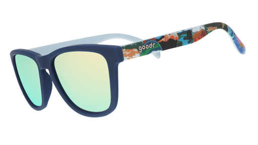 Navy sunglasses with blue reflective lenses and colorful National Park Foundation artwork on the temples.