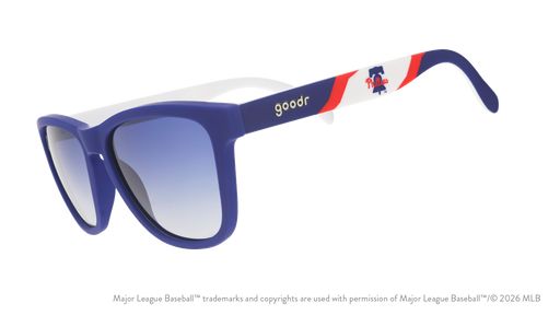 Three-quarter angle view of blue, red, and white Phillies sunglasses featuring the Liberty Bell logo on the arm.