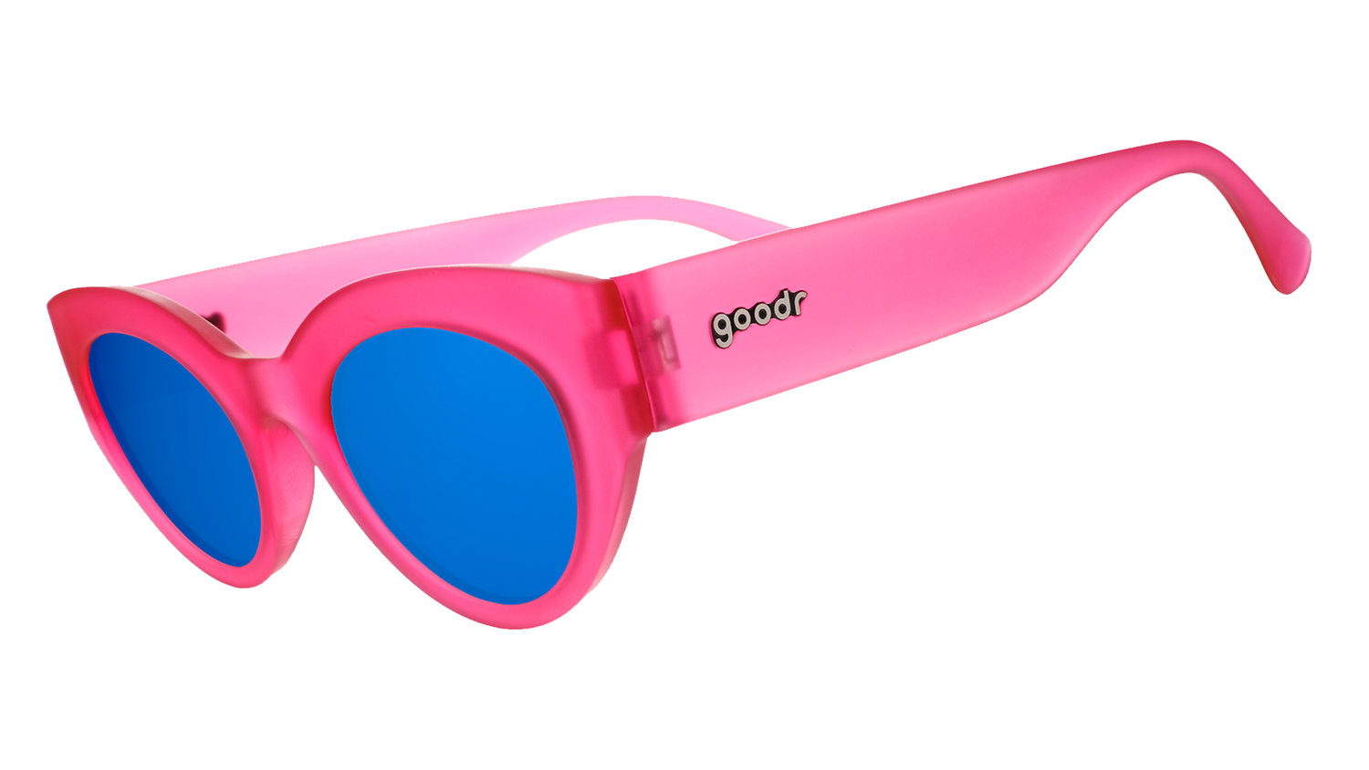 Three-quarter angle view of a pair of translucent hot pink modern cat-eye frames with dazzling blue reflective lenses.