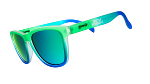 Three-quarter angle view of Seattle Sounders Major League Soccer sunglasses with green-blue frames and green lenses