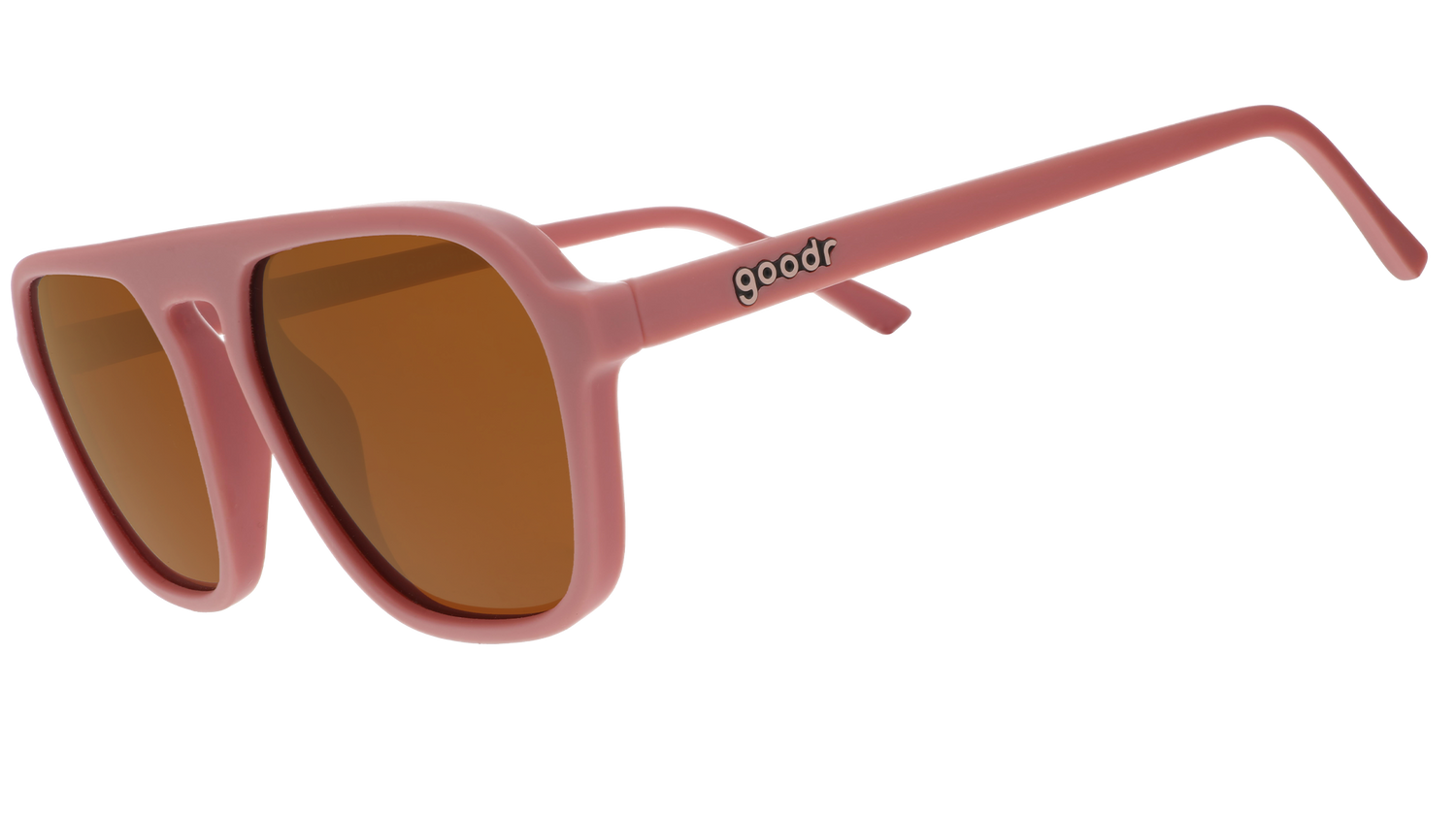 A pair of dusty rose pink goodr sunglasses with muted orange lenses on a white background.
