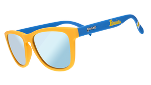 Bruins goodr sunglasses, with yellow frames and blue temples