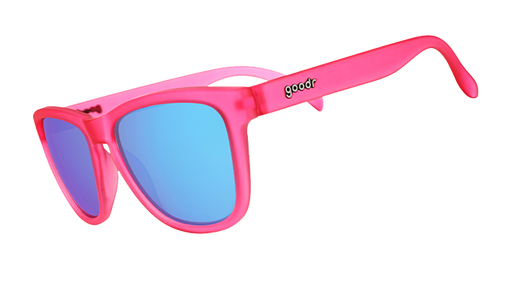 Three-quarter angle view of pink sunglasses with teal reflective lenses.