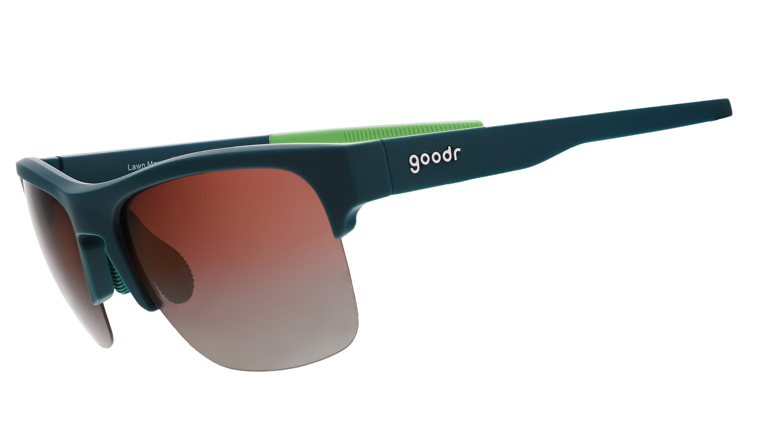 Three-quarter angle view of solid green half-rim sunglasses featuring polarized rose gradient lenses and lime green silicone grips on the inner right arm.