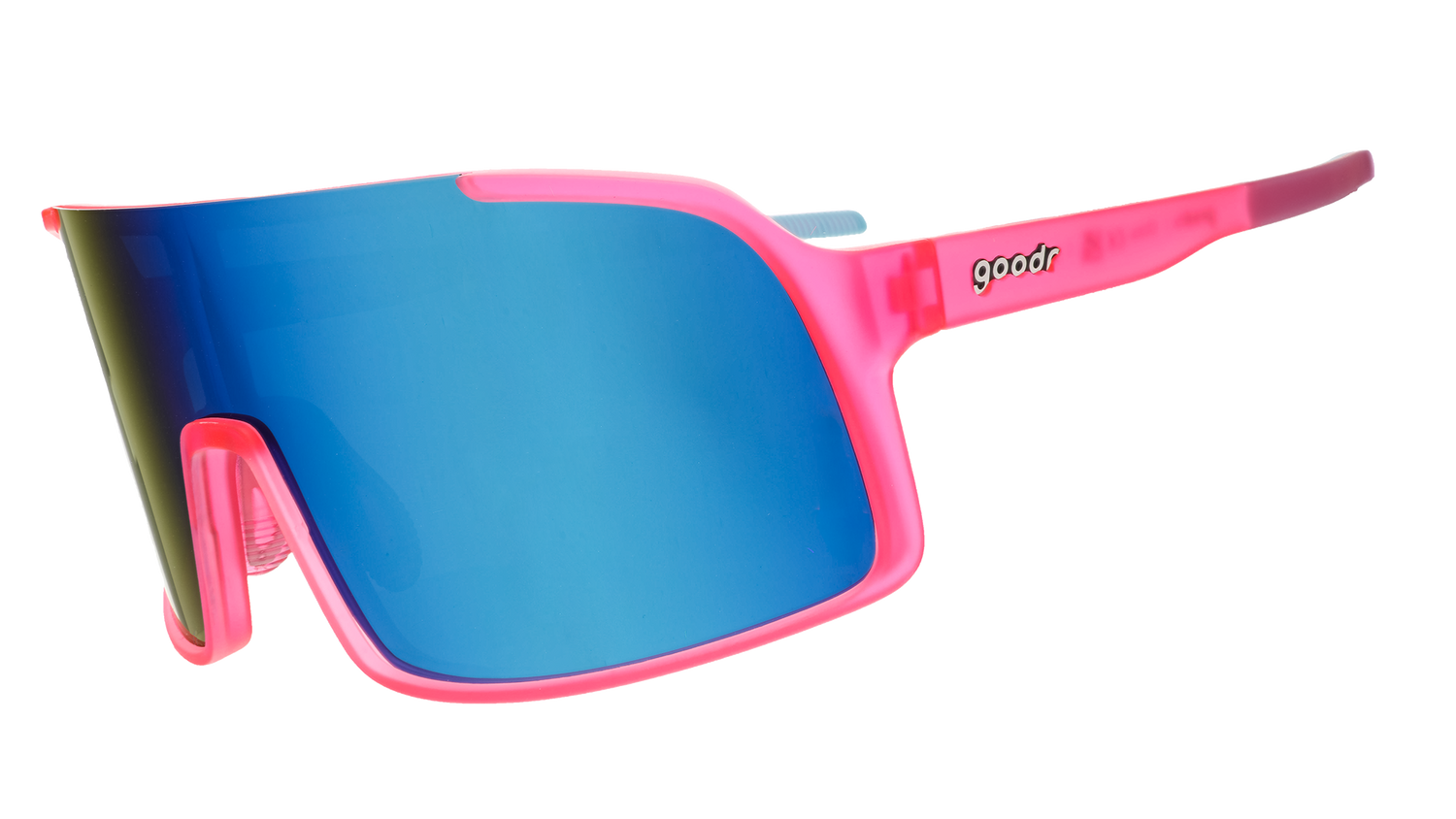 Wraparound goodr sunglasses with blue lenses and pink frames