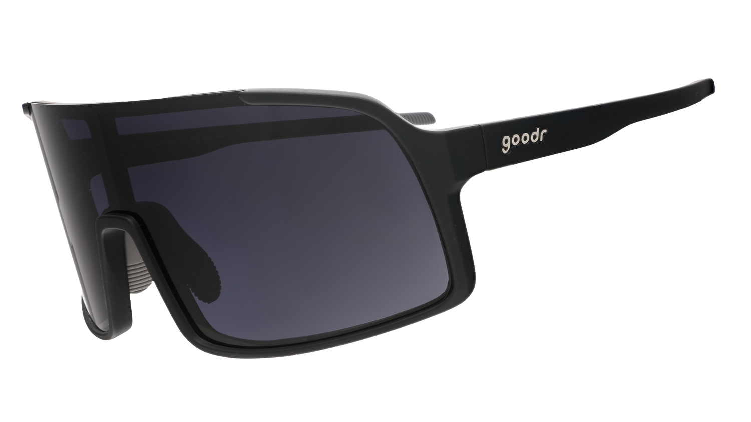 goodr wraparound sunglasses with black temples and dark lenses