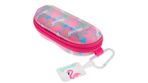 goodr sunglasses case, pink with a palm trees design and a hot pink zipper