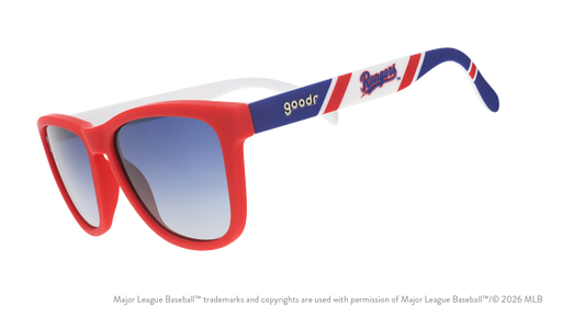Three-quarter angle view of a pair of red, white, and blue sunglasses featuring the Texas Rangers logo on the arm. 