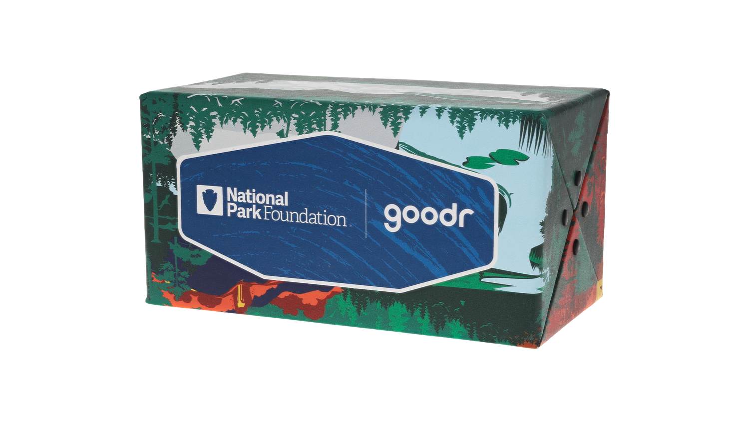 National Park Foundation & goodr foldable sunglasses case featuring illustrated forest and lake artwork.
