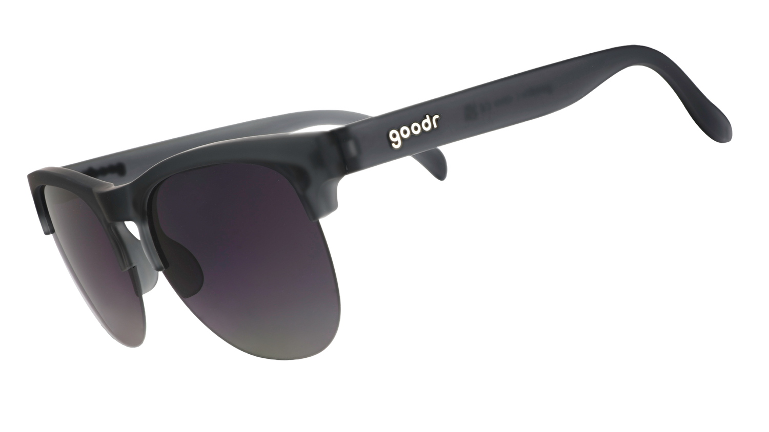 Three-quarter angle view of gray translucent half-rim sunglasses featuring gradient gray lenses.