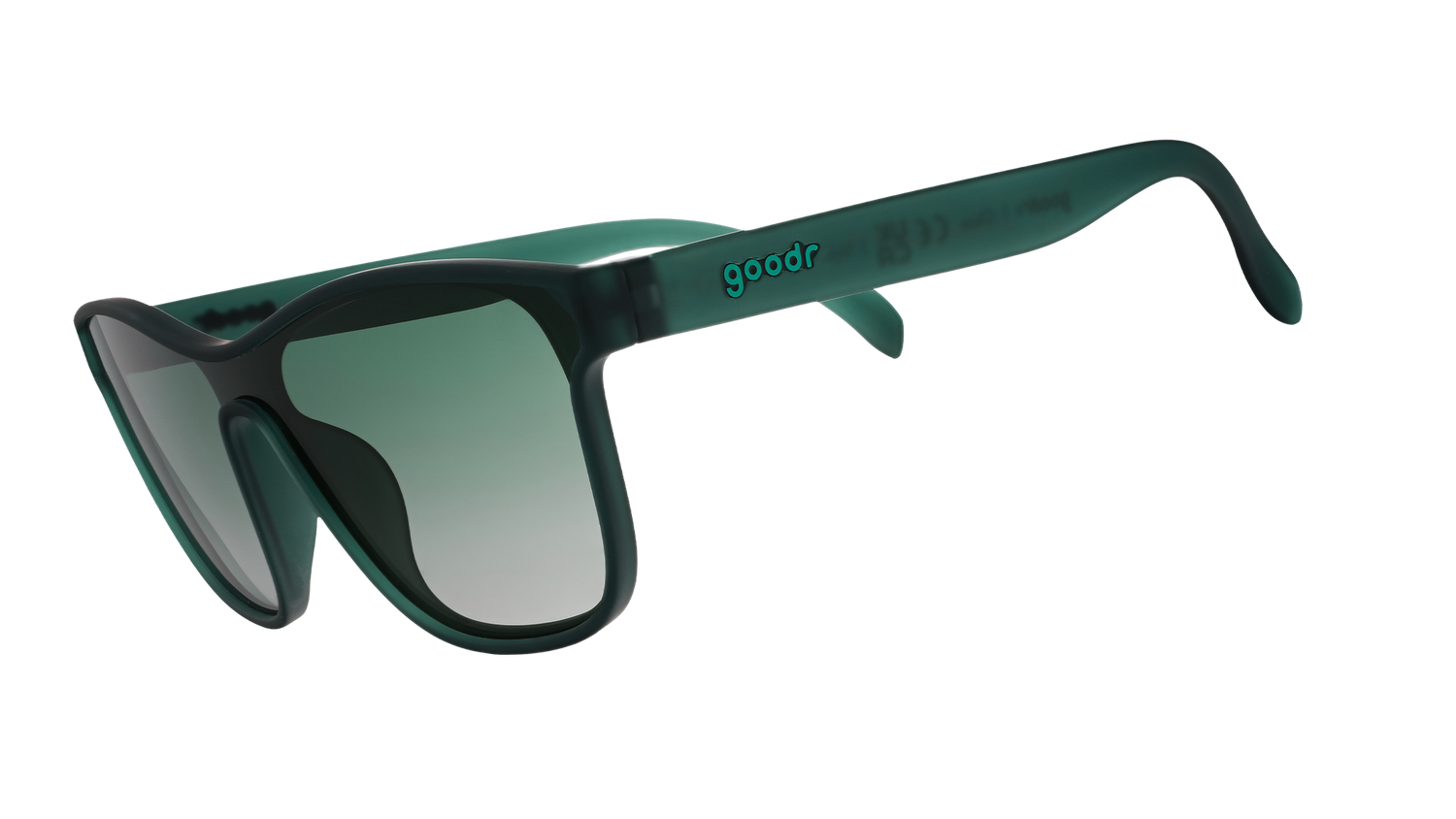 Three-quarter angle view of translucent teal one-lens sunglasses with green gradient lenses.