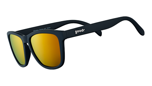 Three-quarter angle view of square-shaped black sunglasses with mirrored amber lenses.