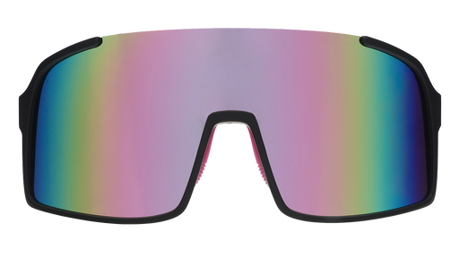 Front view of black wrap sunglasses with purple reflective lenses reminiscent of an oil slick in a parking lot after it rains.