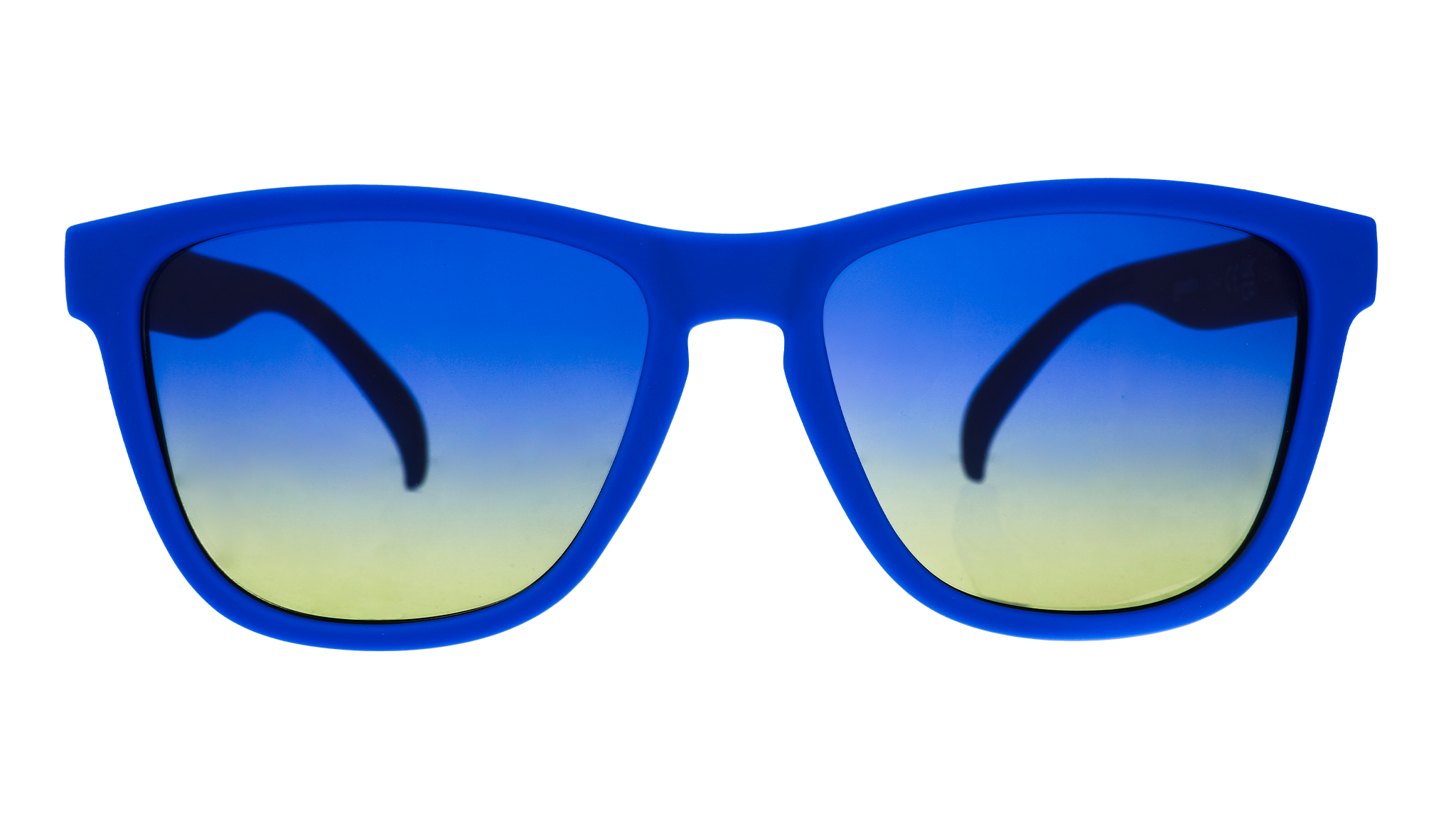 Front view of classic blue sunglasses with blue-yellow ocean lenses.