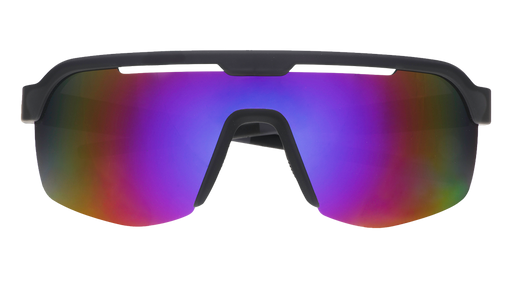 Front view of shield sunglasses. Black front frame with purple reflective wrap lenses on a white background.