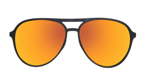 Front view of black aviator sunglasses with amber lenses.