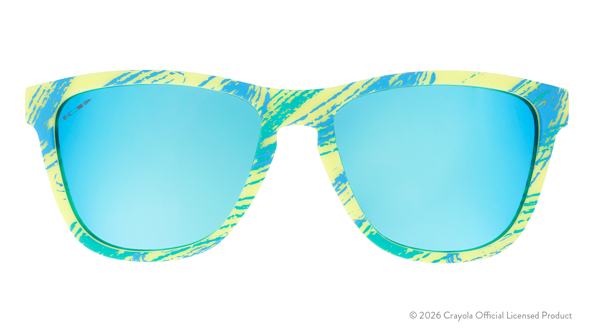 Front view of Crayola goodr UV-activated Confetti Colors sunglasses with light blue reflective lenses.