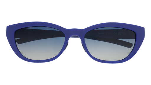 Front view of cat eye sunglasses. Navy blue front frame with blue gradient lenses on a white background.