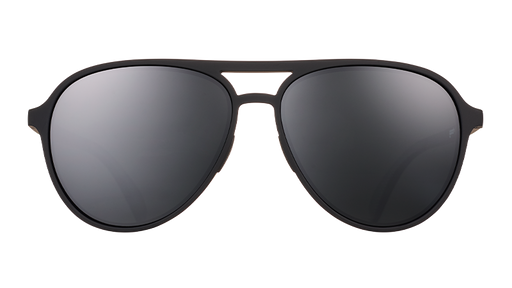 Front view of black aviator sunglases with non-reflective polarized black lenses.