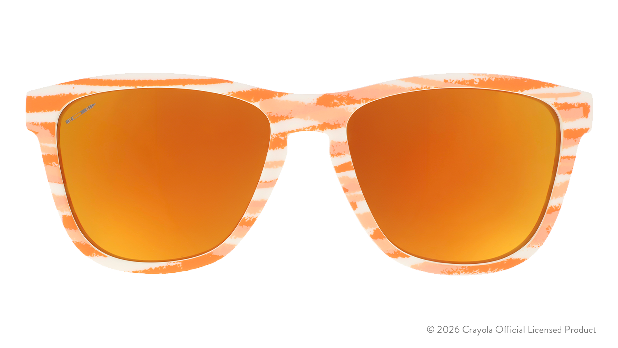 Front view of Crayola goodr UV-activated Party Fish sunglasses with bone-to-magenta frames and amber reflective lenses.