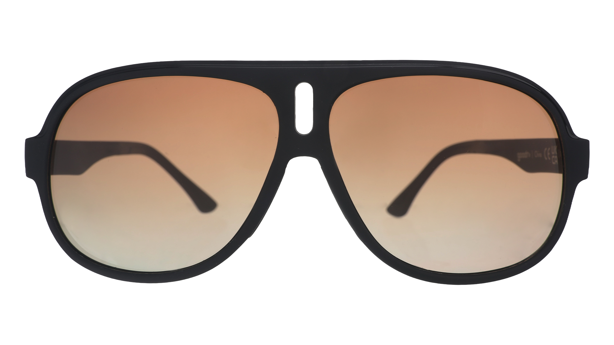 Front view of black aviator sunglasses with amber gradient lenses against a white background.