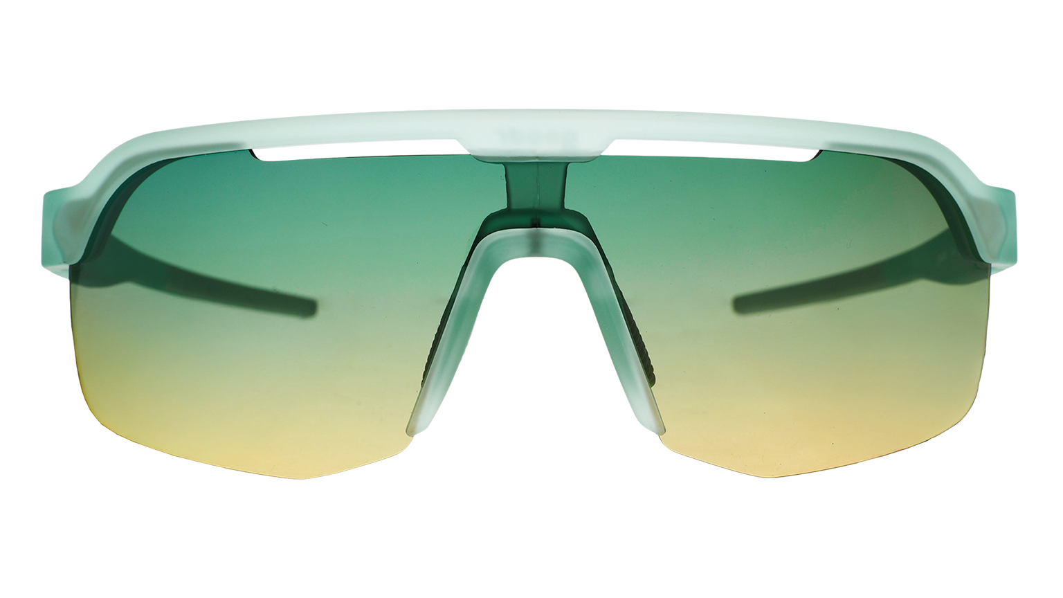 Shield-style sports sunglasses with a translucent mint green frame and gradient green-to-gold mirrored lenses, shown on a plain white background.
