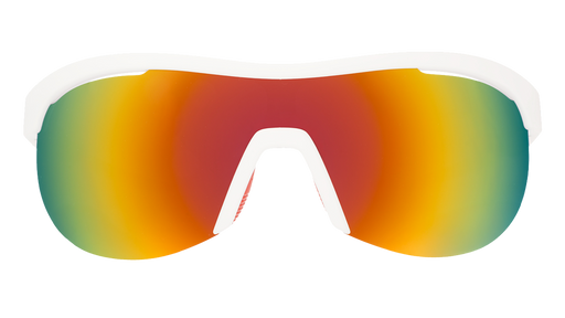 Front view of white wrap shield sunglasses with red accents and fire-red reflective lenses on a white background.