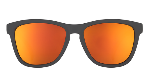 Front view of square-shaped black sunglasses with reflective amber lenses.