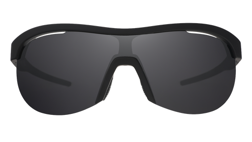 Front view of black wrap shield sunglasses with black polarized lenses against a white background.
