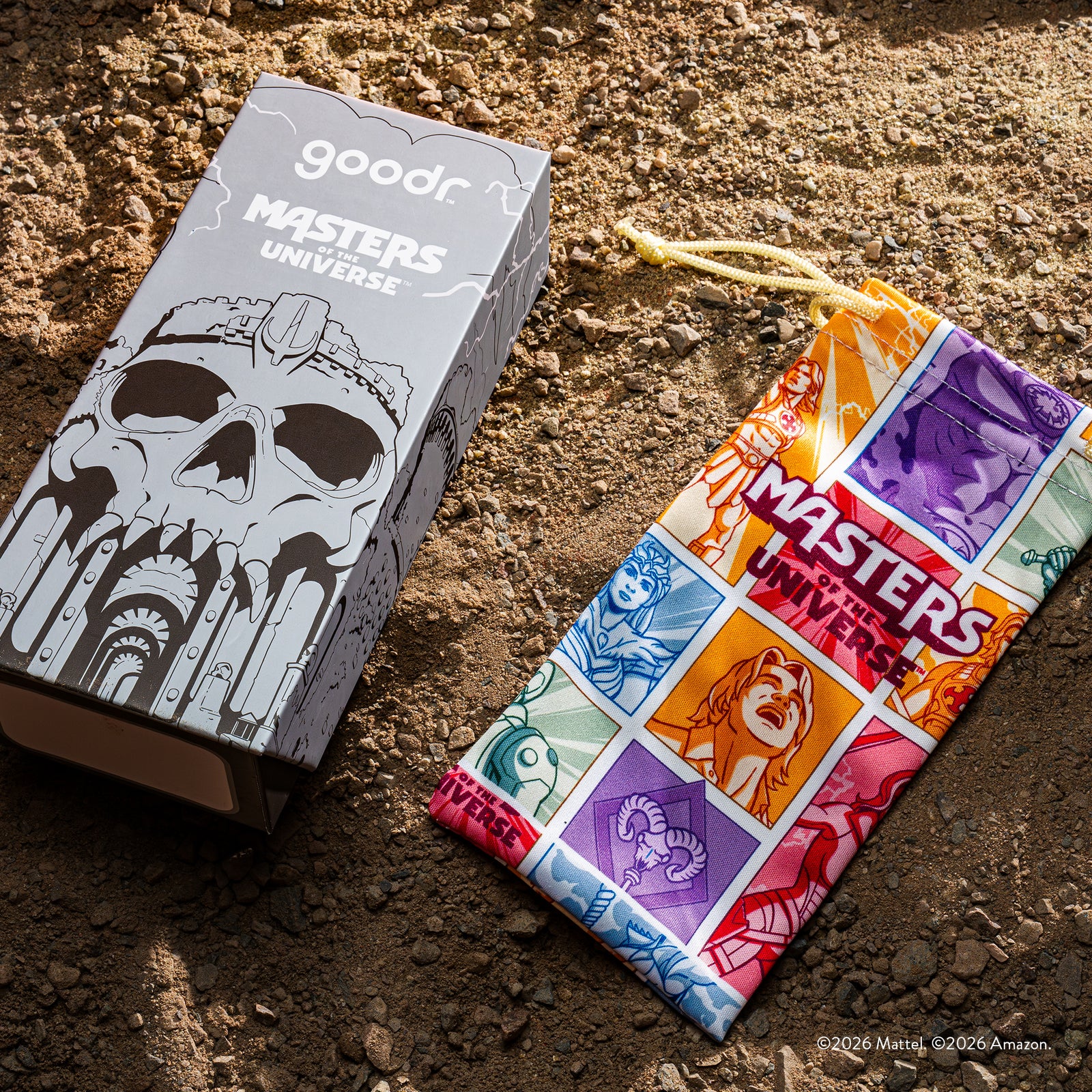Custom Masters of the Universe packaging and sunglasses pouch featuring iconic characters.