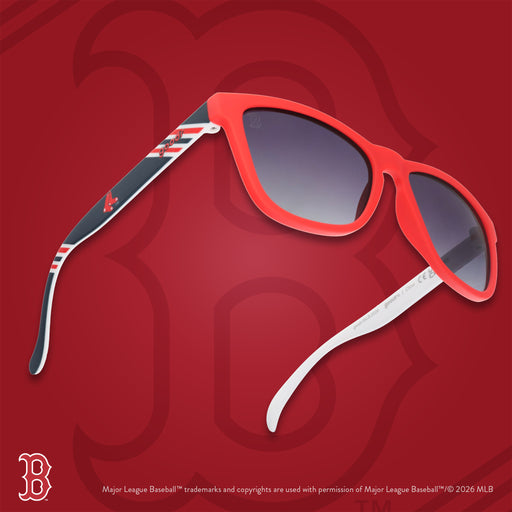 Three-quarter angle view of red, white, and navy Red Sox sunglasses floating against a red background with the Boston B logo.