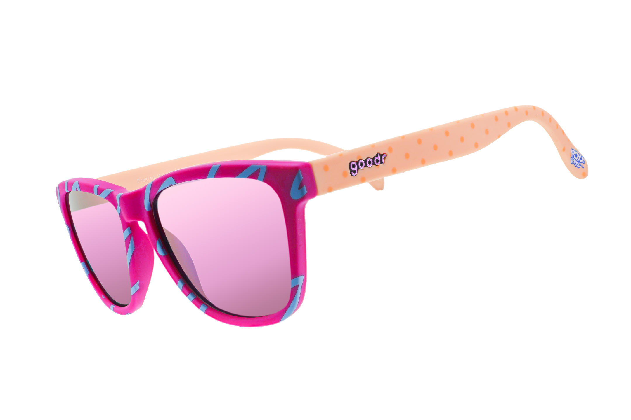 Square shaped goodr sunglasses with pink and blue frames, and peach polka-dotted temples