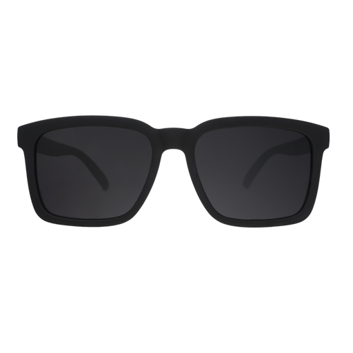 Front view of square silhouette sunnies. Black square front frame w/ black nonreflective lenses on a white background.
