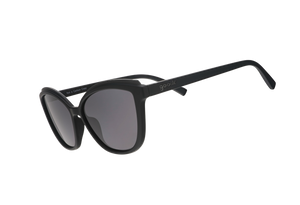 Black sunglasses with dark lenses on a white background