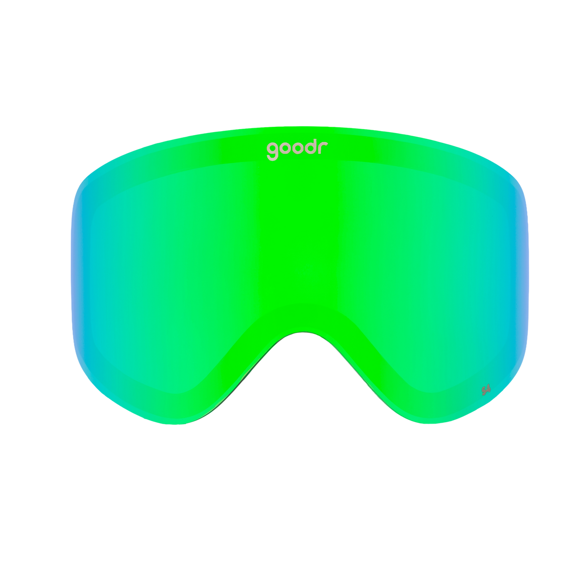 Bright green replacement ski goggle lens with mirrored finish and small goodr logo.