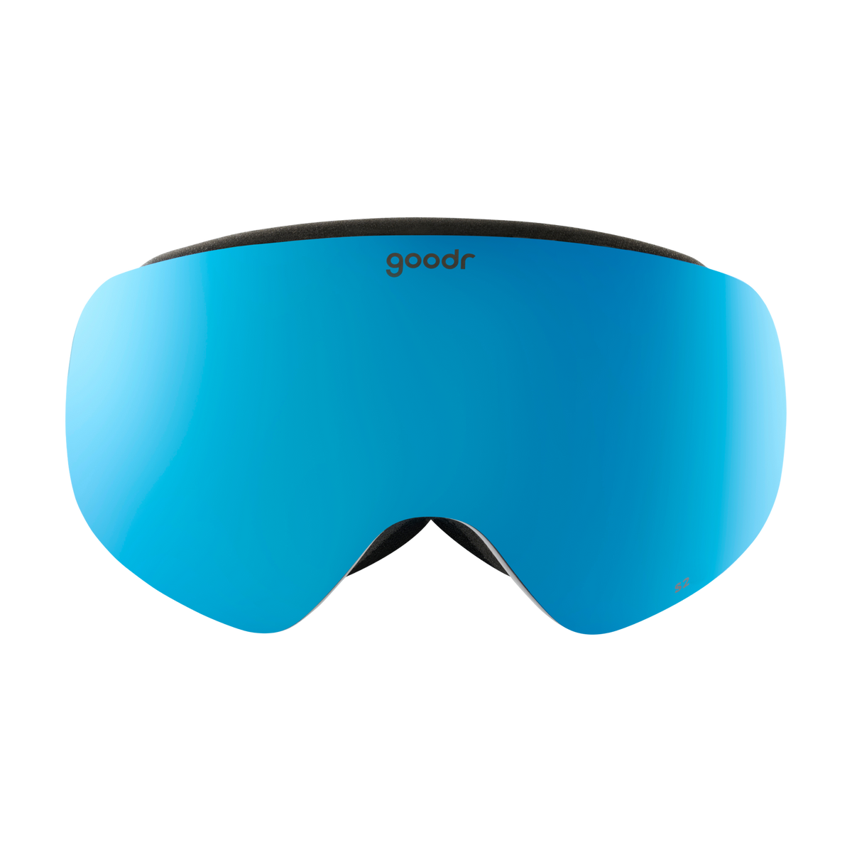 Front view of bronze blue mirrored snow goggles with a black frame and goodr logo.